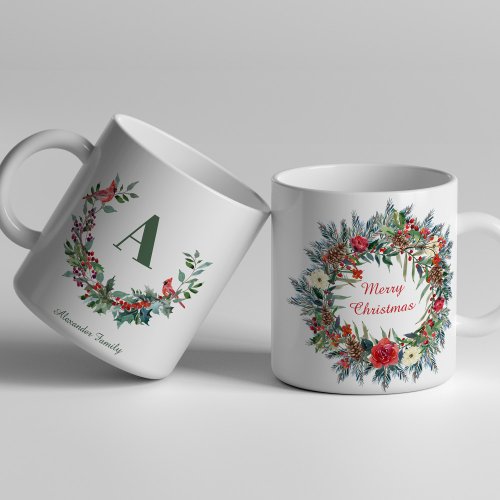 Christmas wreath unique family green monogram Two_Tone coffee mug