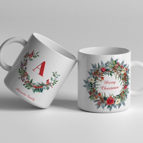 Christmas wreath unique family red monogram Two_Tone coffee mug