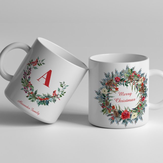 Christmas wreath unique family red monogram Two-Tone coffee mug (Creator Uploaded)