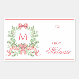 Christmas Wreath w/ Bow   Monogram Rectangular Sticker