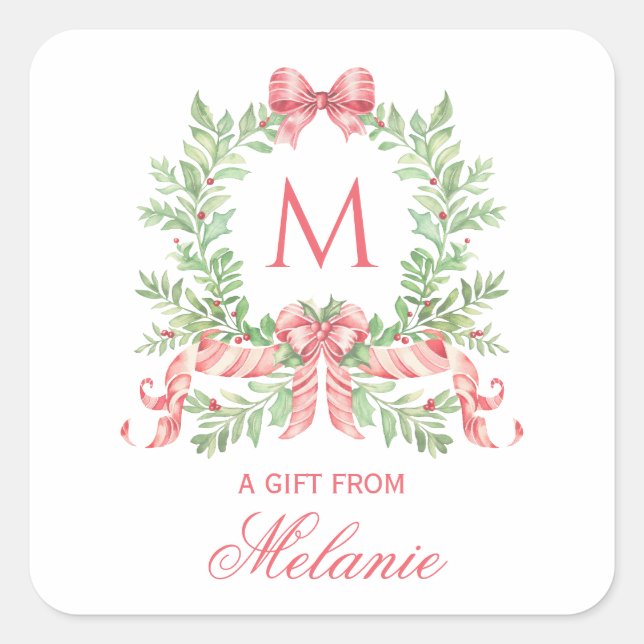 Christmas Wreath w/ Bow | Monogram Square Sticker (Front)