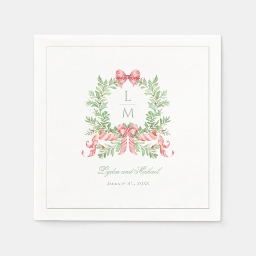 Christmas Wreath w Candy Cane Bow  Monogram  Napkins