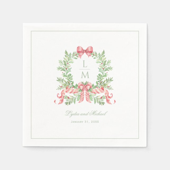 Christmas Wreath w Candy Cane Bow | Monogram  Napkins (Front)