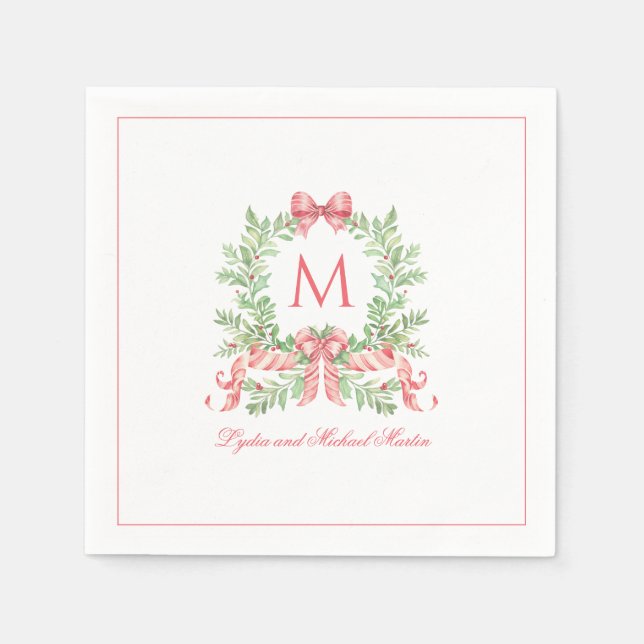 Christmas Wreath w Candy Cane Bow | Monogram  Napkins (Front)