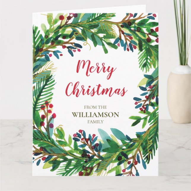 Christmas Wreath Watecolor Holiday Family Name Card (Front)