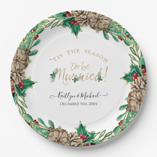 Christmas Wreath Watercolor Season to be Married Paper Plates (Front)