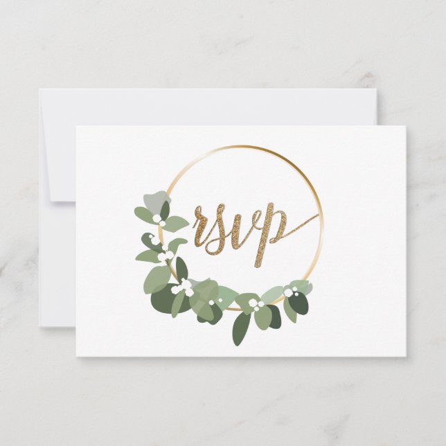 Christmas Wreath wedding Gold RSVP no mailing Card (Front)