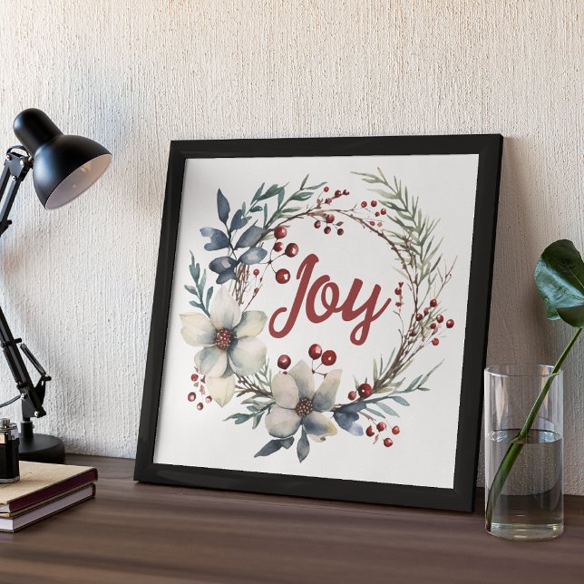 Christmas wreath, white flowers and berries joy poster (Creator Uploaded)