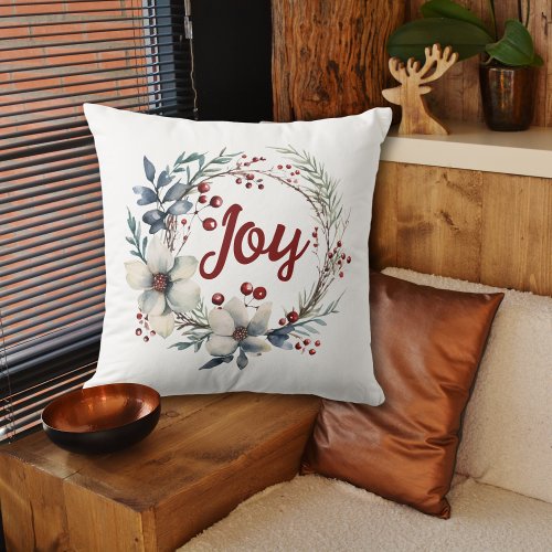 Christmas wreath white flowers red berries Joy Throw Pillow