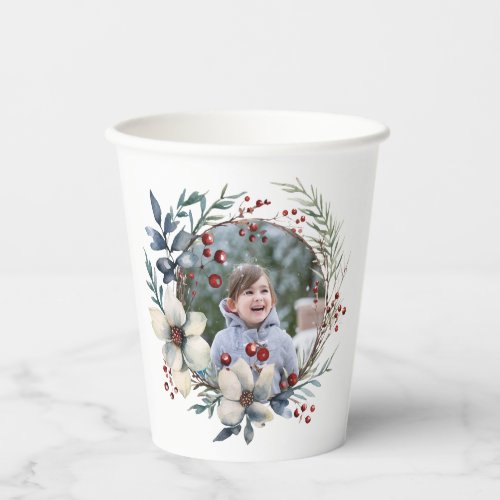 Christmas wreath white flowers red berries photo paper cups