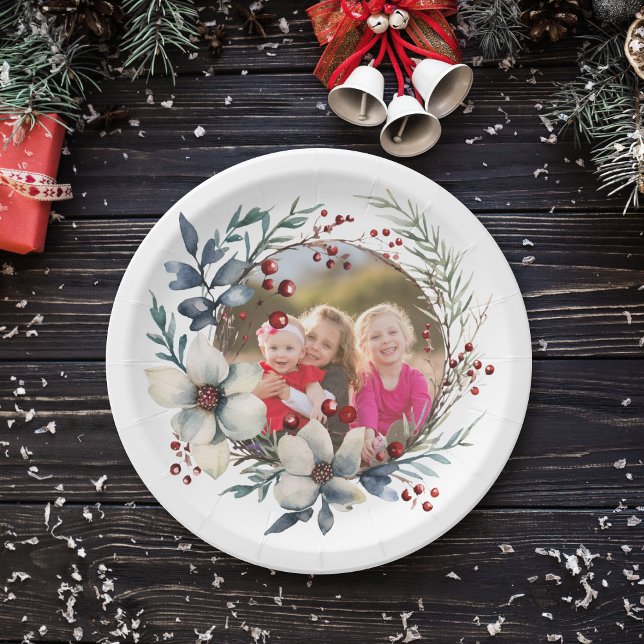Christmas wreath, white flowers, red berries photo paper plates (Creator Uploaded)