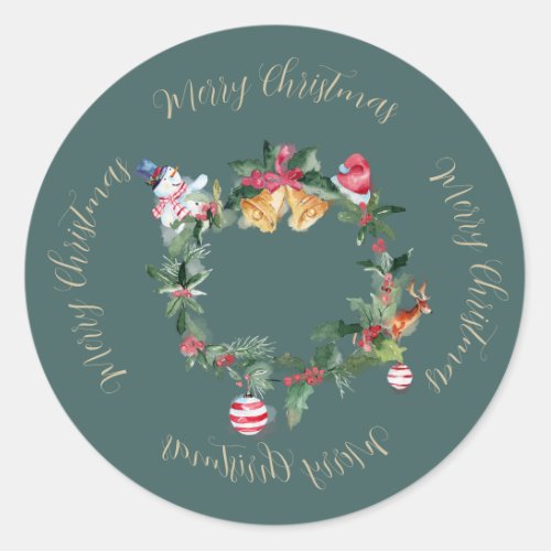 Christmas Wreath with Bells and Holly Classic Round Sticker
