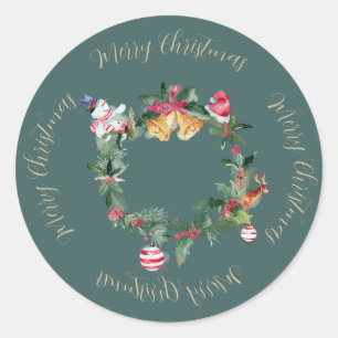 Christmas Wreath with Bells and Holly Classic Round Sticker