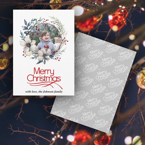 Christmas wreath with berries and flowers photo holiday card