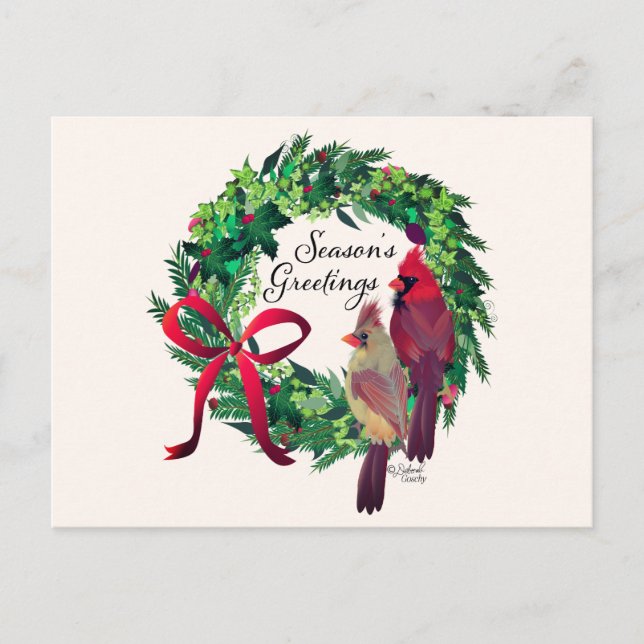 Christmas Wreath with Cardinals Greeting Postcard (Front)