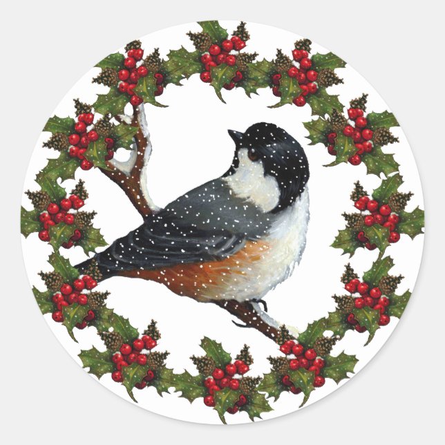 Christmas Wreath with Chickadee: Original Art Classic Round Sticker (Front)