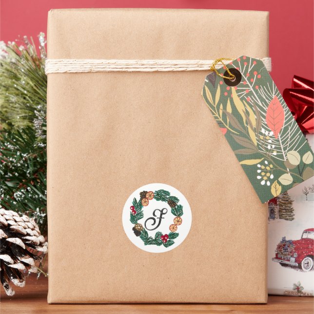 Christmas wreath with customizable initial classic round sticker (Holiday)