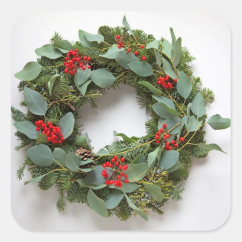 Christmas wreath with eucalyptus and berries square sticker