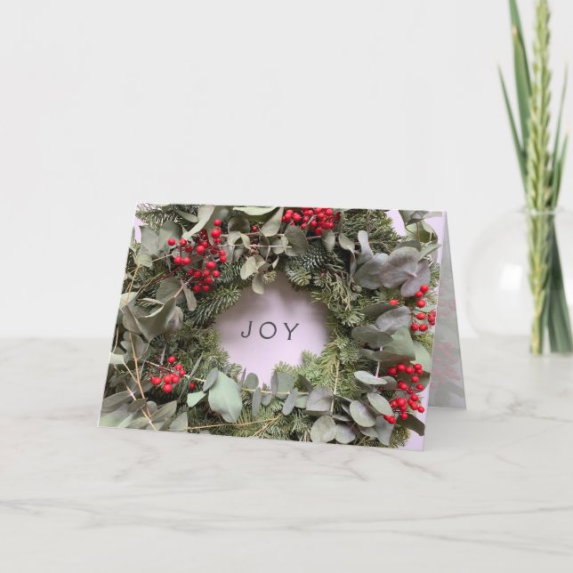 Christmas wreath with eucalyptus and red berries holiday card (Front)