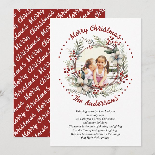 Christmas wreath with flowers and berries photo holiday card (Front/Back)
