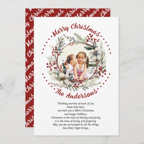 Christmas wreath with flowers and berries photo holiday card