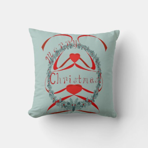 Christmas Wreath with Flowing Ribbon Red and Green Throw Pillow