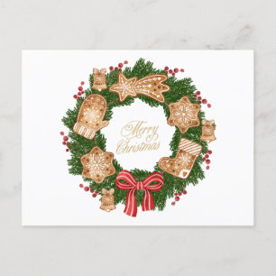 Christmas Wreath with Gingerbread Cookies, Berries Holiday Postcard