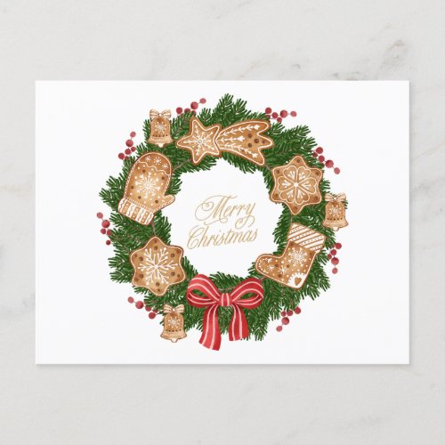 Christmas Wreath with Gingerbread Cookies Berries Holiday Postcard