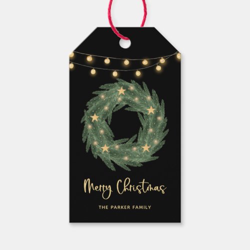 Christmas Wreath with Gold String Lights on Black Gift Tags