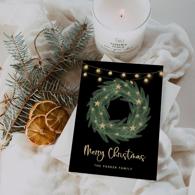 Christmas Wreath with Gold String Lights on Black Holiday Card (Creator Uploaded)