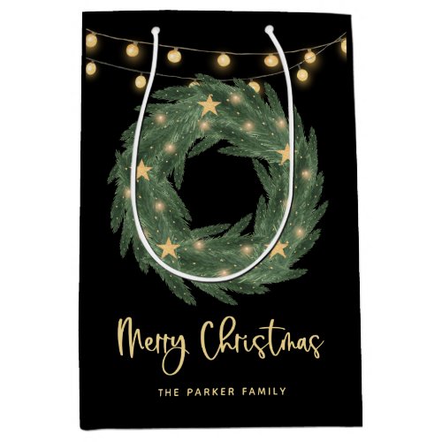 Christmas Wreath with Gold String Lights on Black Medium Gift Bag