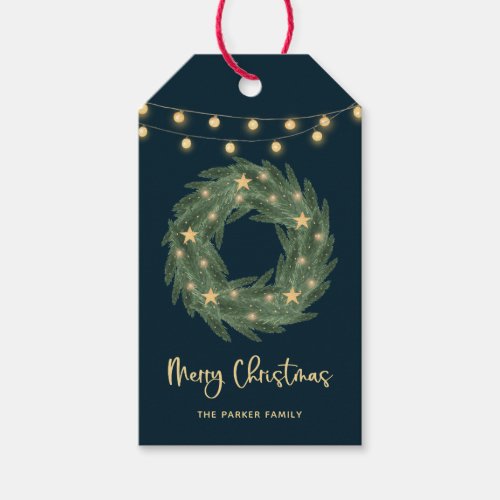 Christmas Wreath with Gold String Lights on Blue Gift Tags