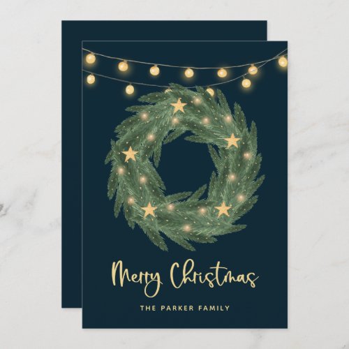 Christmas Wreath with Gold String Lights on Blue Holiday Card