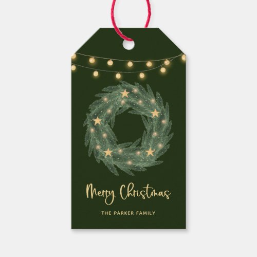 Christmas Wreath with Gold String Lights on Green Gift Tags