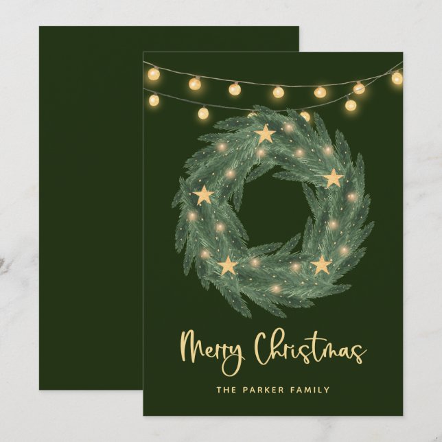 Christmas Wreath with Gold String Lights on Green Holiday Card (Front/Back)