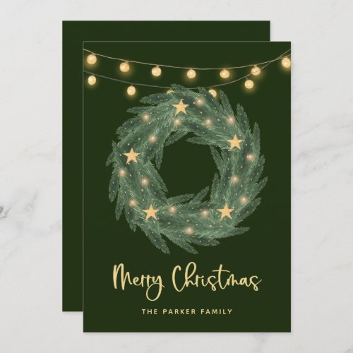 Christmas Wreath with Gold String Lights on Green Holiday Card