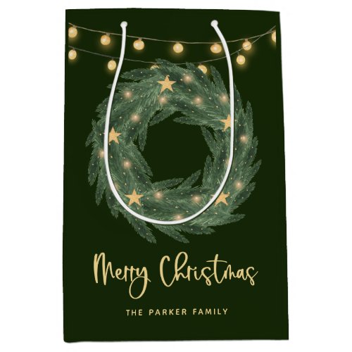 Christmas Wreath with Gold String Lights on Green Medium Gift Bag