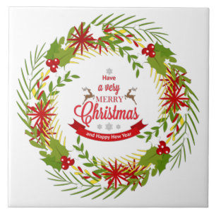 Christmas Wreath with Mistletoe Ceramic Tile