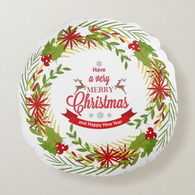 Christmas Wreath with Mistletoe Round Pillow (Front)