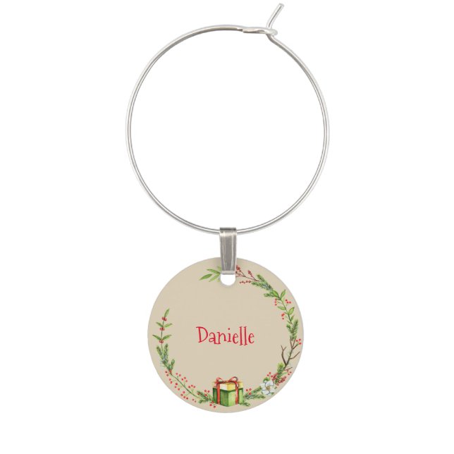 Christmas Wreath with Name Personalized Wine Charm (Front)