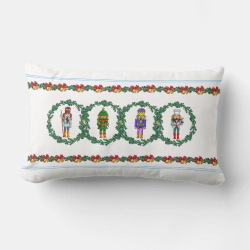 Christmas Wreath With Nutcrackers Toy Soldier Lumbar Pillow