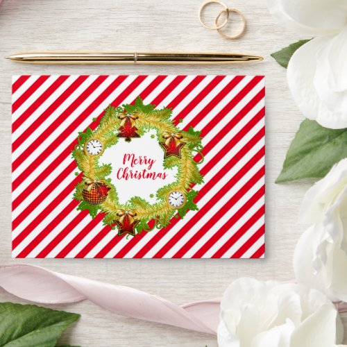 Christmas Wreath with Ornaments and Red Stripes Envelope