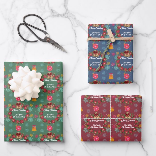 Christmas Wreath with Ornaments Bells Wrapping Paper Sheets (Front)