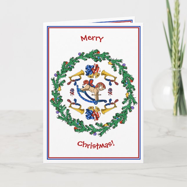Christmas Wreath With Patriotic Rocking Horse Holiday Card (Front)