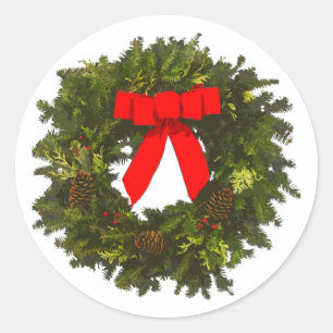 Christmas Wreath with Pine Cones and Red Bow Classic Round Sticker