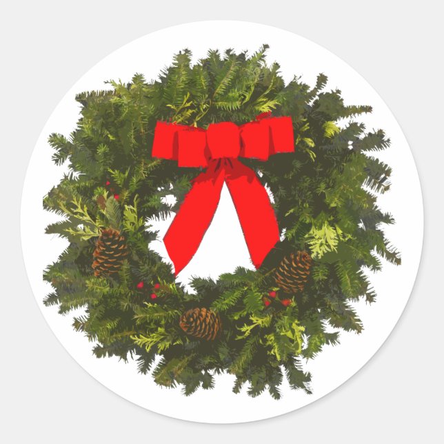 Christmas Wreath with Pine Cones and Red Bow Classic Round Sticker (Front)