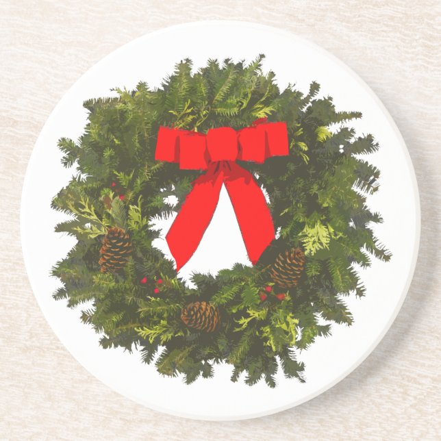 Christmas Wreath with Pine Cones and Red Bow Drink Coaster (Front)