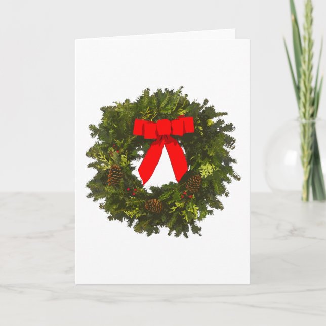 Christmas Wreath with Pine Cones and Red Bow Holiday Card (Front)