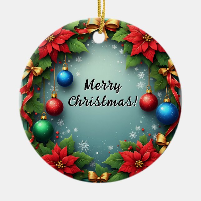 Christmas Wreath with Poinsettias Ceramic Ornament (Front)