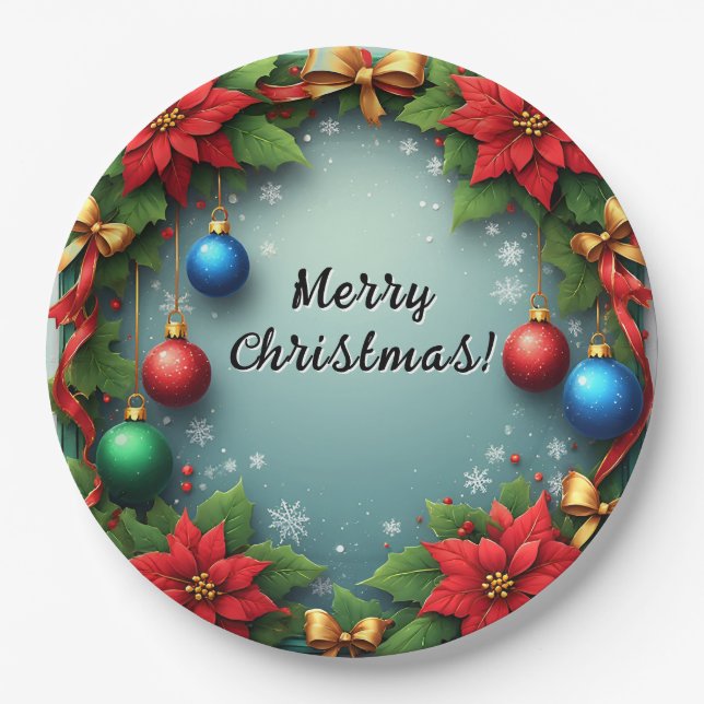 Christmas Wreath with Poinsettias Paper Plates (Front)